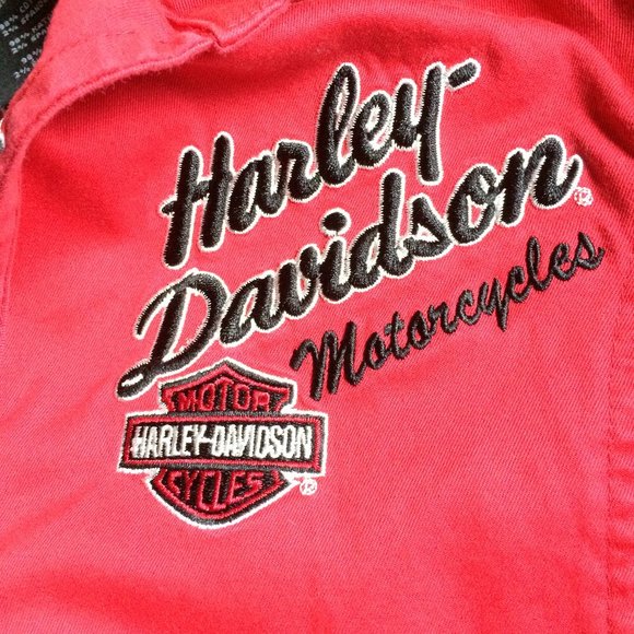 Harley Davidson Womens Blouse Top Medium Red Embroidery Zip Closure Cap Sleeve - Picture 5 of 8